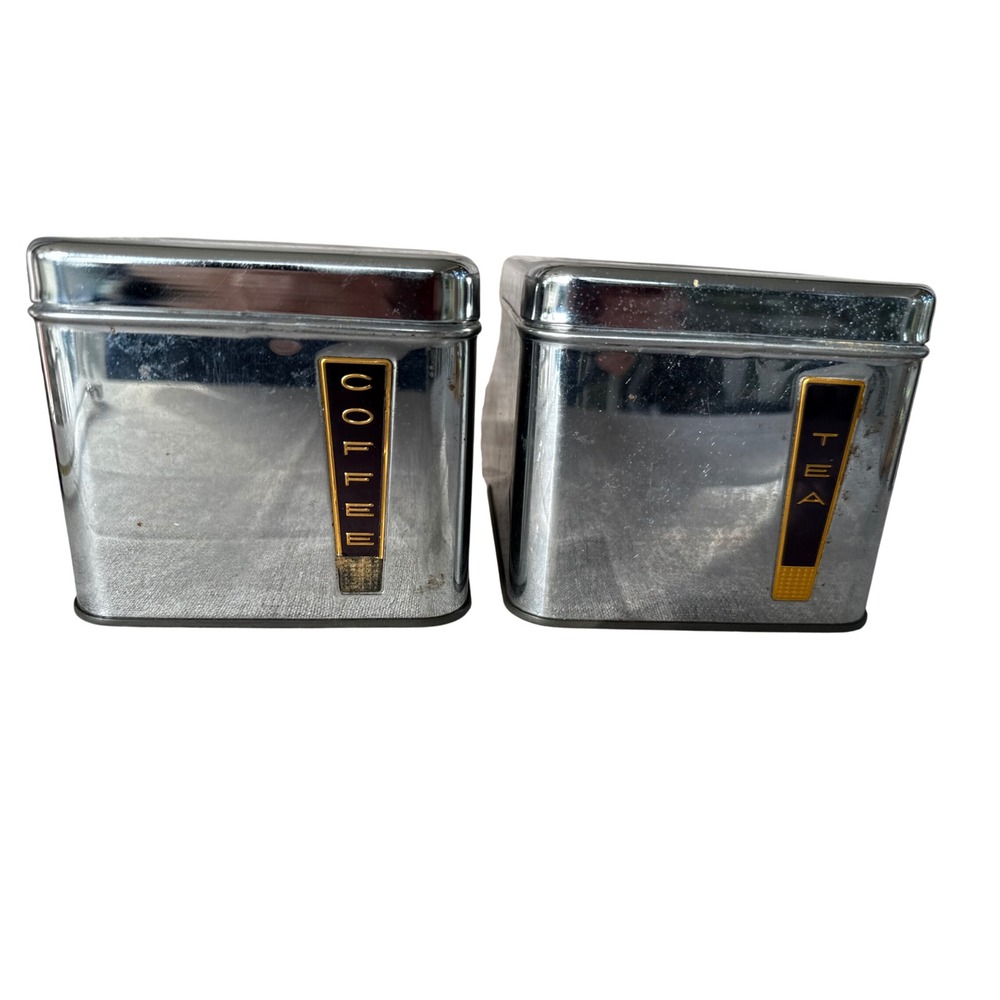 Vintage 1950s Lincoln BeautyWare Chrome Coffee Tea Canisters MCM Black Gold USA